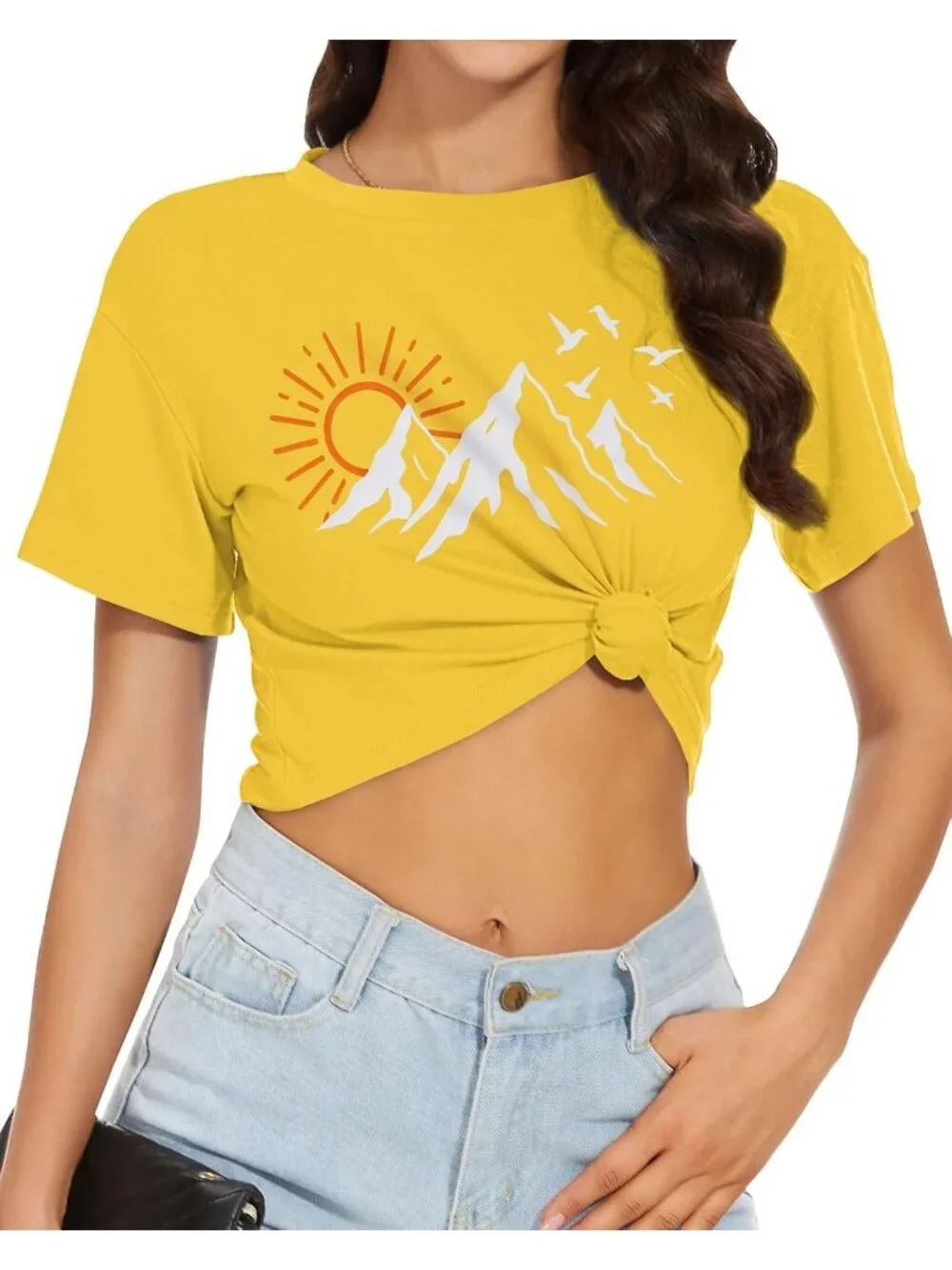 Women's Yellow Sun Mountains Short Sleeve Round Neck Loose Fit Summer Crop Tops - Picture 3 of 6
